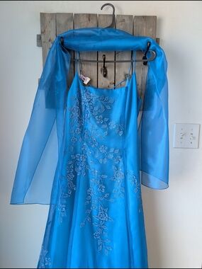 Turquoise-Blue Beaded Floral Prom Dress with Sheer Wrap
